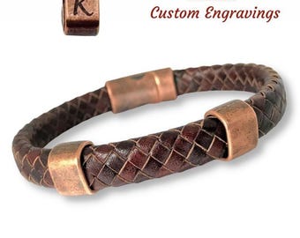 Braided Leather Bracelet: Antique Copper Magnetic Clasp, Biker Jewelry