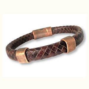 Braided Leather and Antique Copper Bracelet for Men with Magnetic Clasp, Anniversary Gift from Wife, Biker Jewelry, Guys Motorcycle