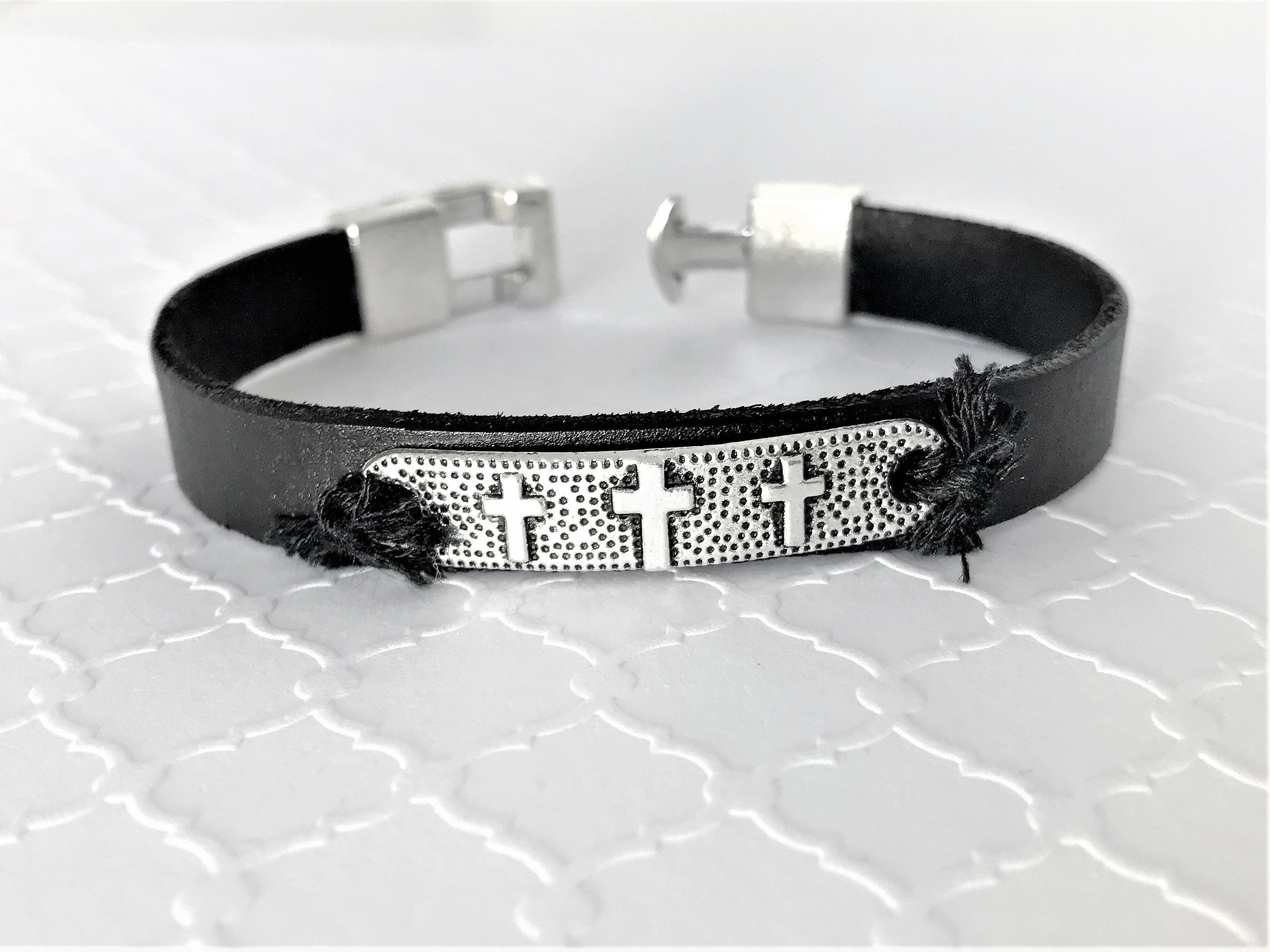 Christian Leather Bracelet with Three Crosses for Men Women Etsy