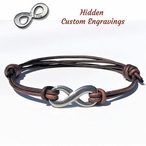 Engraved Leather Infinity Bracelet, Adjustable Knot Design, Personalized Anniversary Gift