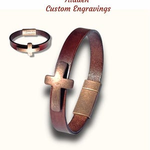 Custom Leather Cross Bracelet: Aged Copper Clasp, Personalized Religious Gift