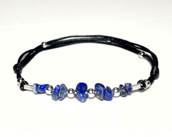 Lapis Lazuli Anklet or Bracelet with Silver Beads for Woman, Personalized & Adjustable Jewelry with Natural Crystals, Summer Gift for Teens