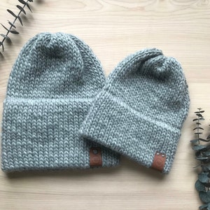 Bundle Adult and Child Double Brim Knit Hat: Light Grey