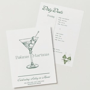 Puede incluir: Una tarjeta de invitación verde y blanca con una ilustración de copa de martini y el texto "Bikinis Martinis" y "Celebrating Ashley in Miami". La tarjeta también incluye las fechas "FRI JUNE 14TH-SUN, JUNE 16TH" y "MIAMI BEACH MIAMI".