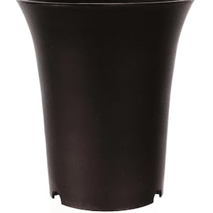 May include: A black plastic flower pot with a flared top and a slightly rounded bottom. The pot has a smooth, matte finish.