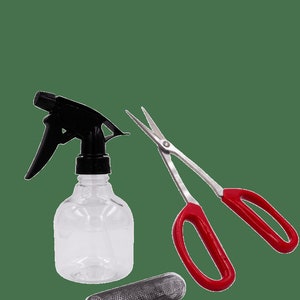 May include: A set of gardening tools including a clear plastic spray bottle with a black trigger, a pair of red-handled stainless steel pruning shears, and a silver mesh cylinder.