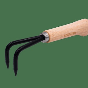 May include: A small hand rake with a wooden handle and two metal tines. The handle is labeled "Tinyroots".