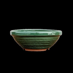 May include: A green ceramic planter with a rounded shape and a slightly textured surface. The planter has a wide rim and a flat base.