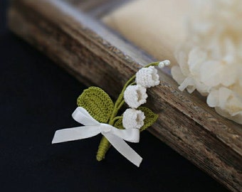Lily of the valley Dentelle crochet Broche, Lys blanc de la broche de la vallée , fleur de naissance mai, bijoux floraux, faveurs de mariage