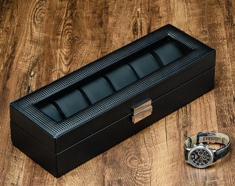 Caja de reloj con patrón de fibra de carbono para 6 relojes / Caja de almacenamiento única para relojes / 6 ranuras / Soporte para reloj / Pantalla de reloj