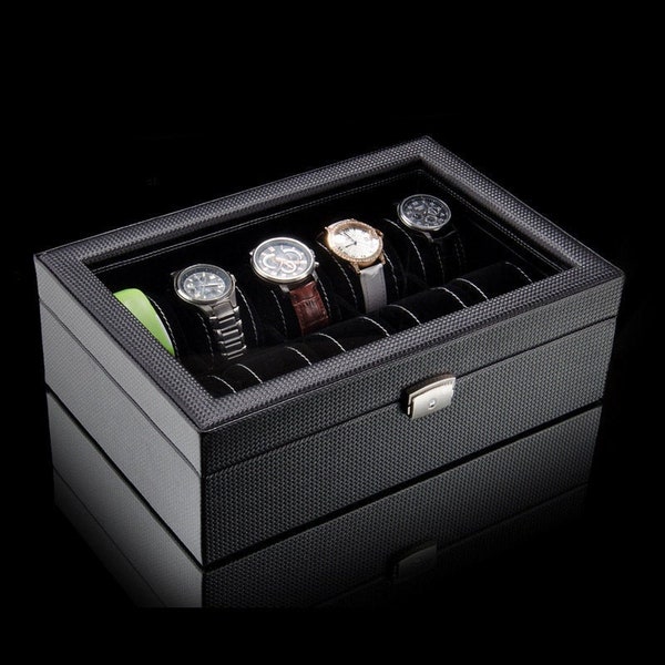 Uhrenbox aus Carbon für 10 Uhren | Einzigartige Aufbewahrungsbox für Uhren | 10 Steckplätze | Uhrenhalter | Uhrendarstellung