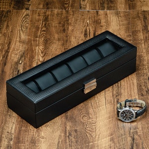 Carbon Fibre Pattern Watch Box for 6 watches | Unique Storage Box for Watches | 6 slots | Watch Holder | Watch Display