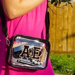 Borsa a tracolla trasparente da stadio: toppe con lettere in ciniglia, borsa da concerto