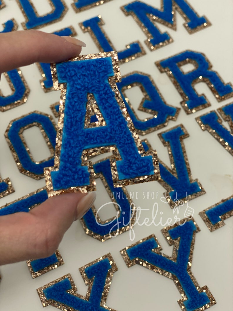 Blue Varsity Glitter Letter Chenille Initial Patch Iron On Etsy