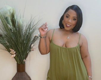 Casual Spaghetti Strap Jumpsuit with Pockets (Olive)