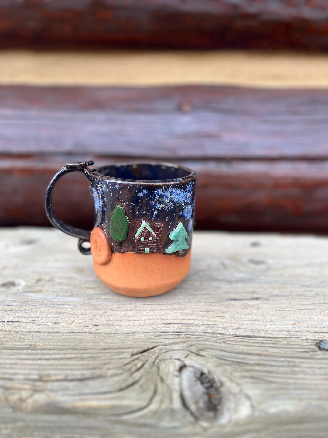 Handmade Large Cabin in the Woods With Pine Tree Badge Mug: Sculpted ...