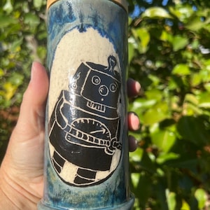 Cute Robot Travel Mug with Bamboo Straw Lid,  Hand Carved Pottery Handleless Coffee or Tea Cup with Beautiful Glaze and One Grip Assist Knob