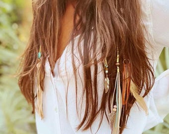 Presilhas de cabelo com penas, acessórios de cabelo boho para festivais.