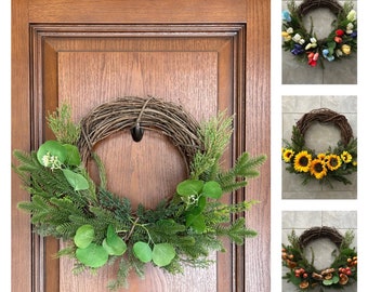 Classic Mixed Evergreen Wreath with Eucalyptus for Every Season – Everyday Wreath with Seasonal Kits – Partial Wreath with Exposed Grapevine