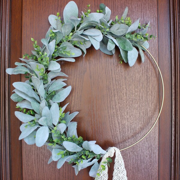 Lambs Ear, Eucalyptus Hoop Wreath with Lace Crocheted Ribbon – All Season Hoop Wreath – Simple Everyday Hoop Wreath