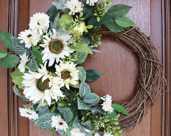 Cream Sunflower Wreath with Mixed Greens – Simple Year Round Sunflower Wreath with Ficus, Boxwood & Fittonia Leaves for Door