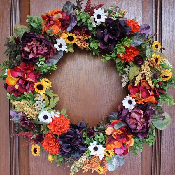 Hydrangea, Peony & Seed Cluster Wreath – Fall/Winter Wreath – Halloween, House Warming, Birthday