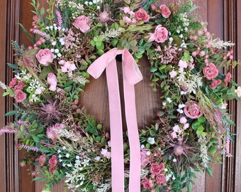 Dried Look Pink Rose Wreath with Eucalyptus, Baby's Breath, Berries, Lavender, Pampas and Thistle – One of a Kind Year Round Wreath for Door