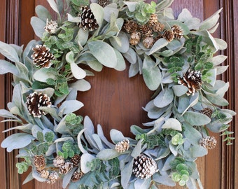 Winter Lambs Ear Wreath with White Frosted Pinecones & Sparkly Green Eucalyptus – Winter Wreath – Holiday Home Décor