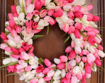 Elegant Tulip Wreath – Pink & Cream – Spring/Summer Wreath – Valentine's Day, Mother’s Day, Easter, Birthday, Housewarming