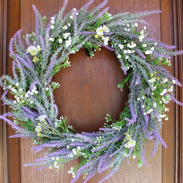 Purple Lavender Wreath with White Baby's Breath & Daisies – Spring/Summer Wreath –  Mother’s Day Gift