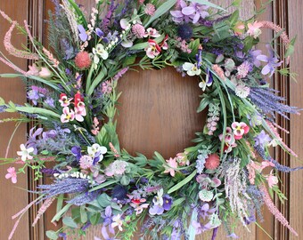 Pink & Purple Lavender and Wildflower Wreath – Spring/Summer Wreath –  House Warming Gift