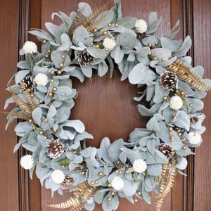 White & Gold Lambs Ear Wreath – Winter Wreath – Holidays, Christmas, Anniversary, Birthday, Housewarming, Home Décor