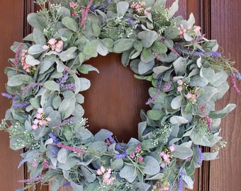 Mixed Pink Lavender & Baby's Breath Lambs Ear Wreath – Spring Wreath for Door – Mother's Day Wreath