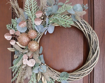 Wicker Glitter Wreath with Rose Gold Apples, Gold Glitter Fern & Sparkly Eucalyptus  – Partial Evergreen Holiday Wreath for Door