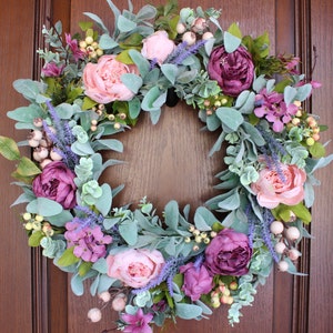 Blush Pink & Mauve Peony Wreath with Lambs Ear, Lavender, Berries, Eucalyptus and Hydrangea – Spring Wreath for Door