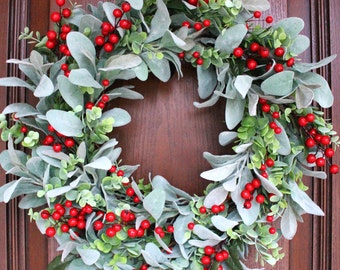 Winter Lambs Ear Wreath with Green Eucalyptus & A Mix of Red Berries – Winter Wreath – Holiday Home Décor