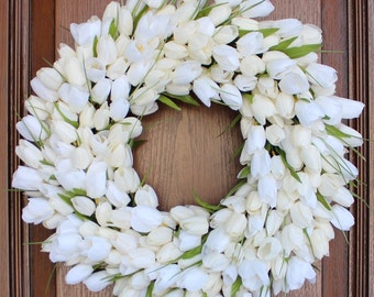 Elegant Cream & White Tulip Wreath – Spring Wreath for Door – Neutral Wreath for Door – Special Mother’s Day Gift