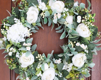 Cream Peony Wreath with Lambs Ear, Berries, Mini Roses, Baby’s Breath Eucalyptus, Fern and Hydrangea – Year Round Wreath for Door