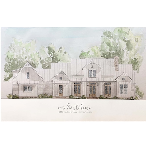 Architectural Elevation Home Watercolor, Hand Painted Custom House Portrait, Housewarming Gift,  Realtor Gift, House Painting from Photo