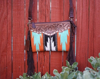Western Leather Bag wi h fringe Hand Tooled Leather Purse-Hand Stitched adjustable strap Purse turquoise orange pattern