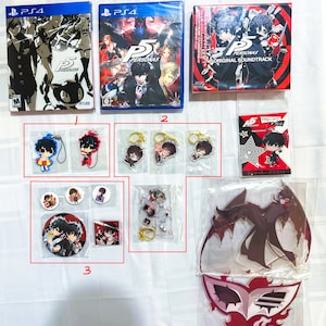May include: A collection of Persona 5 merchandise, including video game cases, a soundtrack CD, keychains, badges, and a large clear acrylic figure of the main character in his Phantom Thief persona. The merchandise is displayed on a white surface.