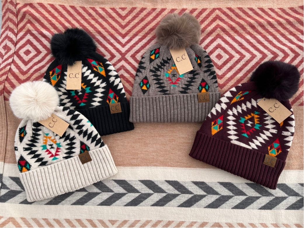 C.C Aztec Pattern Hat With Soft Faux Fur Pom, Black C.C Beanie Aztec Patterned With Faux Fur Pom Hat – Charmed  main image 4