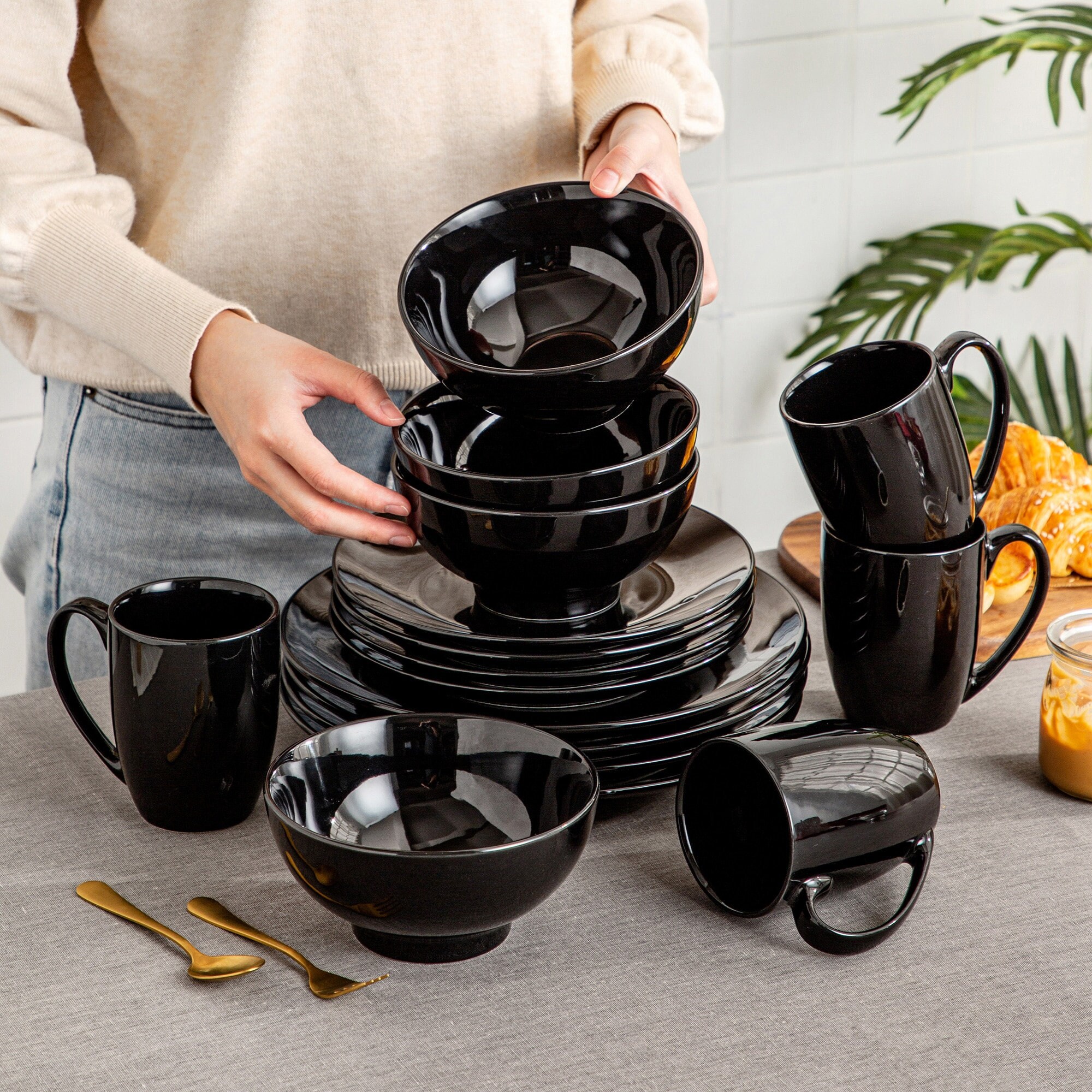 Black Ceramic Porcelain Dinner Set 16/32/48 Piece Dinner Etsy