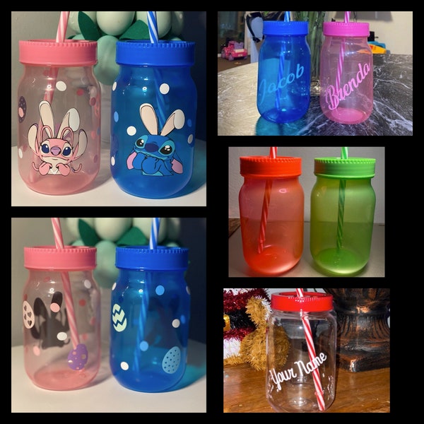 Personalized Kids Reusable Plastic Mason Jar with straw and Lid, Stitch or Angel, Easter Basket stuffer, Birthday Cup, Gift for boy or Girl