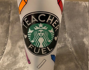 Personalized Teacher Fuel Starbuck Reusable Clear Venti Cold Cup With Lid and Green Straw