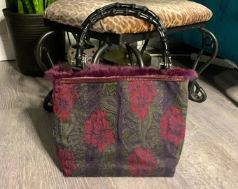 Sac à Main Vintage Anse Bambou, Noir Avec Fleurs Rouges, Marque Tianni, Neuf Avec Défauts