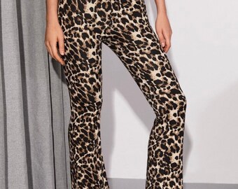Fanteecy Women Leopard Print High Waist Flare Pants Stretchy Bell Bottom Palazzo Skinny Pants Snakeskin Trousers Blue