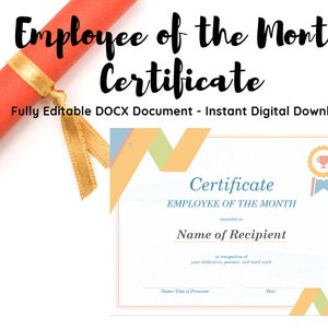 Employee of the Month Certificate - Editable Employee of the Month Certificate - Printable - Best Office Worker - Employee Appreciation