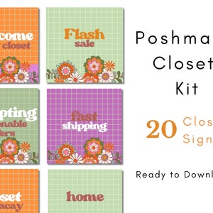 Könnte beinhalten: Eine Sammlung von 20 Kleiderschildern im Retro-Design. Die Schilder zeigen Sätze wie „Willkommen in meinem Kleiderschrank“ und „Flash Sale“ in einer angesagten Schriftart mit floralen Akzenten. Die Worte „Poshmark Closet Kit“ werden ebenfalls angezeigt.