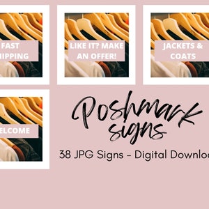 Könnte beinhalten: Ein Satz von 38 digitalen Schildern für Poshmark-Verkäufer. Die Schilder zeigen eine Vielzahl von Texten, darunter "Schneller Versand", "Gefällt es dir? Mach ein Angebot!" und "Jacken & Mäntel". Die Schilder sind so konzipiert, dass sie in Fotos von zum Verkauf stehenden Kleidungsstücken verwendet werden können.
